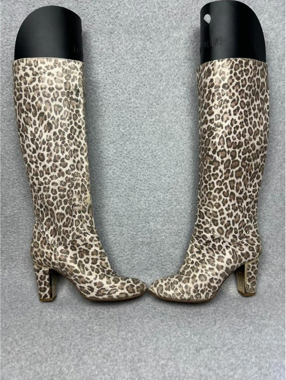 Conni Leather Leopard Knee high Boots 38 Euro / 7 US Western Glam Made In Italy